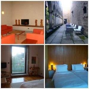 Quarto, uma das salas de estar e varandas nos claustros - Pousada Santa Maria do Bouro