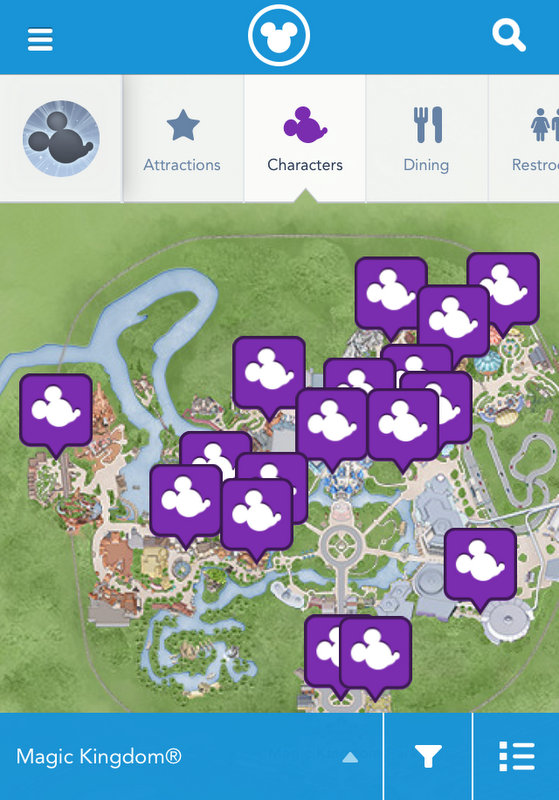 aplicativo My Disney Experience mostrando todos os personagens no Magic Kingdom