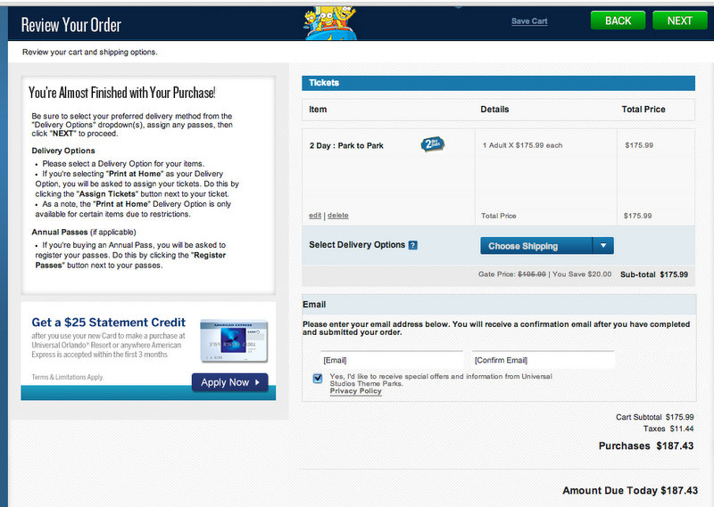 simulação do site da Universal Orlando